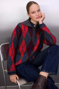 TRENDYOLMİLLA Anthracite Soft textured Baklava/Plaid Patterned Polo Shirt Collar Knitwear Sweater - Image 2