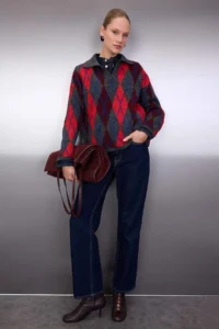 TRENDYOLMİLLA Anthracite Soft textured Baklava/Plaid Patterned Polo Shirt Collar Knitwear Sweater - Image 3