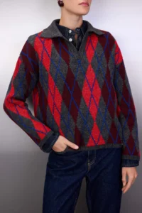 TRENDYOLMİLLA Anthracite Soft textured Baklava/Plaid Patterned Polo Shirt Collar Knitwear Sweater - Image 4