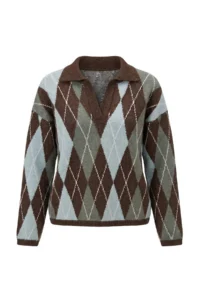 TRENDYOLMİLLA Brown Soft textured Baklava/Plaid Patterned Polo Shirt Collar Knitwear Sweater