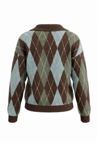 TRENDYOLMİLLA Brown Soft textured Baklava/Plaid Patterned Polo Shirt Collar Knitwear Sweater - Image 3