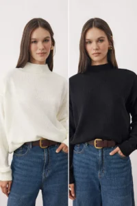 TRENDYOLMİLLA Black-Ecru Basic 2 Sets Paket Knitwear Sweater