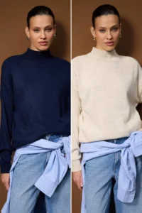 TRENDYOLMİLLA NAVY BLUE-Stone NAVY BLUE-Ecru Basic 2 Sets Paket Knitwear Sweater  Knitwear Sweater