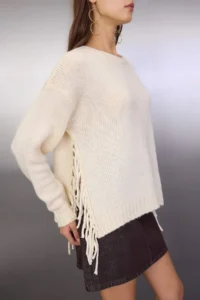 TRENDYOLMİLLA Ecru Soft textured Wide Pattern Tassel Detailed Knitwear Sweater - Image 3
