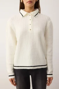 TRENDYOLMİLLA Ecru Premium Thread/Special Thread Polo Shirt Collar Soft textured Knitwear Sweater - Image 3