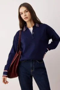 TRENDYOLMİLLA NAVY BLUE Color Bloklu Polo Shirt Collar Knitwear Sweater - Image 2