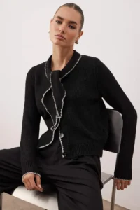 TRENDYOLMİLLA Black Shawl Collar Detailed Color Bloklu Knitwear Sweater