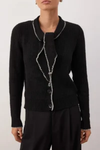 TRENDYOLMİLLA Black Shawl Collar Detailed Color Bloklu Knitwear Sweater - Image 3