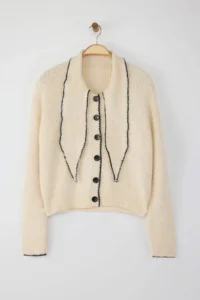 TRENDYOLMİLLA Stone Soft textured Shawl Collar Detailed Color Blocked Knitwear Sweater - Image 5