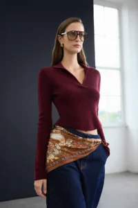 TRENDYOLMİLLA Trendyol Studio Burgundy Soft textured Polo Shirt Collar Bodysuit hugging Woolly Knitwear Sweater