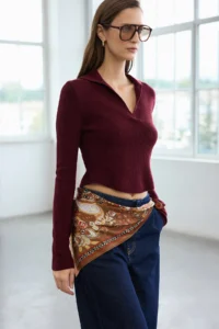 TRENDYOLMİLLA Trendyol Studio Burgundy Soft textured Polo Shirt Collar Bodysuit hugging Woolly Knitwear Sweater - Image 2