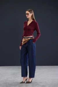 TRENDYOLMİLLA Trendyol Studio Burgundy Soft textured Polo Shirt Collar Bodysuit hugging Woolly Knitwear Sweater - Image 3