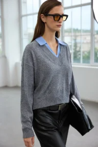 TRENDYOLMİLLA Trendyol Studio Gray Shirt Collar Detailed Woolly Soft textured Knitwear Sweater