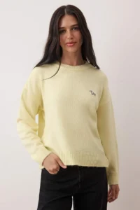 TRENDYOLMİLLA Yellow Soft textured Dog Embroidered Crew Neck Knitwear Sweater - Image 2