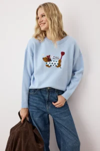 TRENDYOLMİLLA BLUE Soft textured Wide Pattern Dog Embroidered Knitwear Sweater