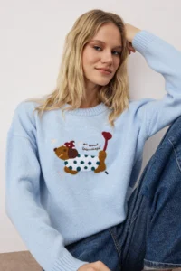TRENDYOLMİLLA BLUE Soft textured Wide Pattern Dog Embroidered Knitwear Sweater - Image 2