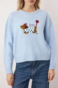 TRENDYOLMİLLA BLUE Soft textured Wide Pattern Dog Embroidered Knitwear Sweater - Image 3