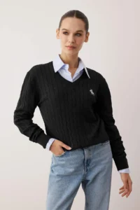 TRENDYOLMİLLA Black At Embroidered V-neck Hair Knitting Knitwear Sweater