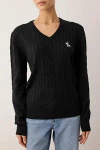 TRENDYOLMİLLA Black At Embroidered V-neck Hair Knitting Knitwear Sweater - Image 3