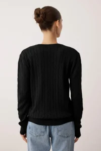 TRENDYOLMİLLA Black At Embroidered V-neck Hair Knitting Knitwear Sweater - Image 4