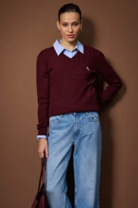 TRENDYOLMİLLA Burgundy At Embroidered V-neck Hair Knitting Knitwear Sweater