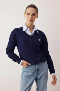 TRENDYOLMİLLA NAVY BLUE At Embroidered V-neck Hair Knitting Knitwear Sweater