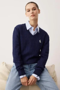 TRENDYOLMİLLA NAVY BLUE At Embroidered V-neck Hair Knitting Knitwear Sweater - Image 2