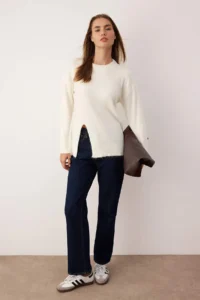 TRENDYOLMİLLA Ecru Soft textured Slit Detailed Knitwear Sweater - Image 2