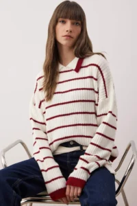 TRENDYOLMİLLA WHITE Polo Shirt Collar Striped Knitwear Sweater