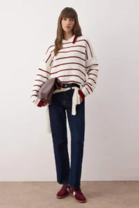 TRENDYOLMİLLA WHITE Polo Shirt Collar Striped Knitwear Sweater - Image 2