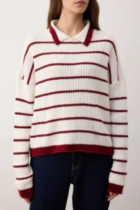 TRENDYOLMİLLA WHITE Polo Shirt Collar Striped Knitwear Sweater - Image 3