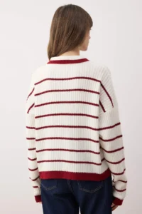 TRENDYOLMİLLA WHITE Polo Shirt Collar Striped Knitwear Sweater - Image 4