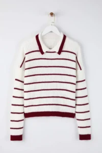 TRENDYOLMİLLA WHITE Polo Shirt Collar Striped Knitwear Sweater - Image 5