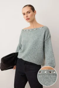 TRENDYOLMİLLA MINT-Gray Boat Neck Woolly Soft textured eyelet Detailed Knitwear Sweater