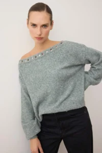 TRENDYOLMİLLA MINT-Gray Boat Neck Woolly Soft textured eyelet Detailed Knitwear Sweater - Image 2