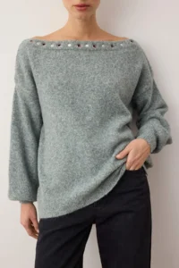 TRENDYOLMİLLA MINT-Gray Boat Neck Woolly Soft textured eyelet Detailed Knitwear Sweater - Image 3
