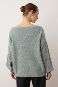 TRENDYOLMİLLA MINT-Gray Boat Neck Woolly Soft textured eyelet Detailed Knitwear Sweater - Image 4