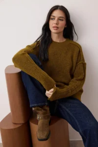 TRENDYOLMİLLA Oil Green Soft textured Woolly Wide Pattern Knitwear Sweater