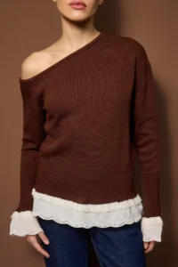 TRENDYOLMİLLA Brown Lace Garnili Boat Neck Knitwear Sweater - Image 3