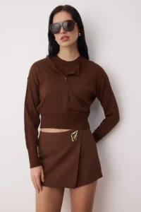 TRENDYOLMİLLA Brown Crew Neck United Blouse-Cardigan Knitwear Sweater