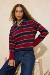 TRENDYOLMİLLA Multicolored Striped DENIM Garnili Polo Shirt Collar Knitwear Sweater - Image 2