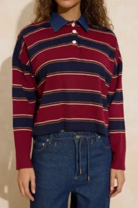 TRENDYOLMİLLA Multicolored Striped DENIM Garnili Polo Shirt Collar Knitwear Sweater - Image 3