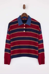 TRENDYOLMİLLA Multicolored Striped DENIM Garnili Polo Shirt Collar Knitwear Sweater - Image 5