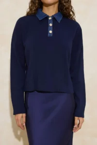 TRENDYOLMİLLA NAVY BLUE*001 DENIM Garnili Polo Shirt Collar  Knitwear Sweater - Image 3