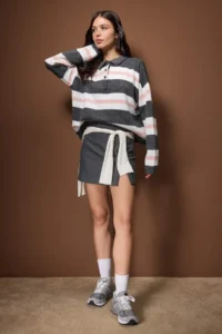 TRENDYOLMİLLA Anthracite Polo Shirt Collar PINK Striped Knitwear Sweater - Image 2
