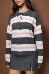 TRENDYOLMİLLA Anthracite Polo Shirt Collar PINK Striped Knitwear Sweater - Image 3