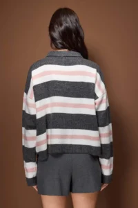 TRENDYOLMİLLA Anthracite Polo Shirt Collar PINK Striped Knitwear Sweater - Image 4