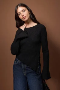 TRENDYOLMİLLA Black Skirt Tip and Sleeve Detailed Crew Neck Knitwear Sweater - Image 2
