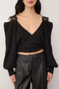 TRENDYOLMİLLA Black Lace Sleeveless V-neck Knitwear Sweater - Image 3