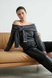 TRENDYOLMİLLA Anthracite Soft textured Madonna Collar tied up Knitwear Sweater - Image 2